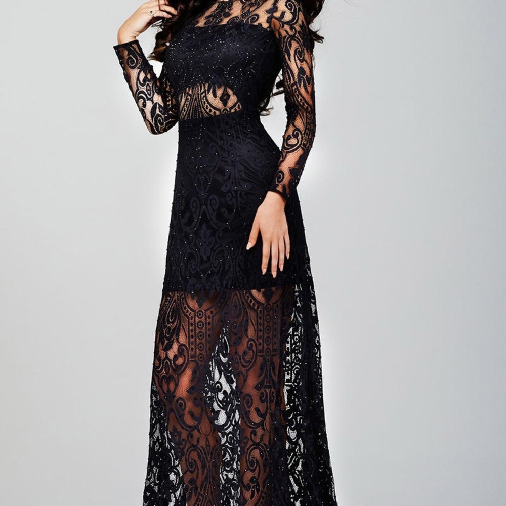 Jovani Black Sheer Lace Long Sleeve Dress